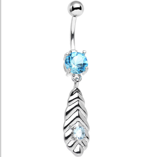 Shades of Blue CZ Gem Feather Dangle Stainless Steel Belly Ring