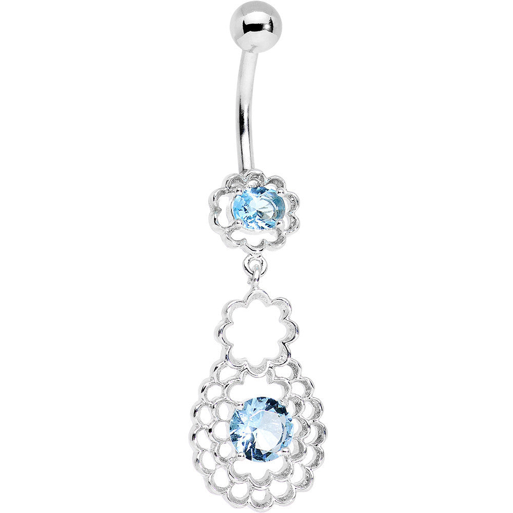 Blue CZ Gem Quatrefoil Layered Flowing Flower Form Dangle Belly Ring