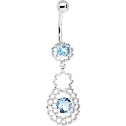 Blue CZ Gem Quatrefoil Layered Flowing Flower Form Dangle Belly Ring