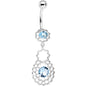 Blue CZ Gem Quatrefoil Layered Flowing Flower Form Dangle Belly Ring