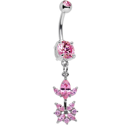 Pink CZ Gem Glitter Budding Flower Dangle Belly Ring