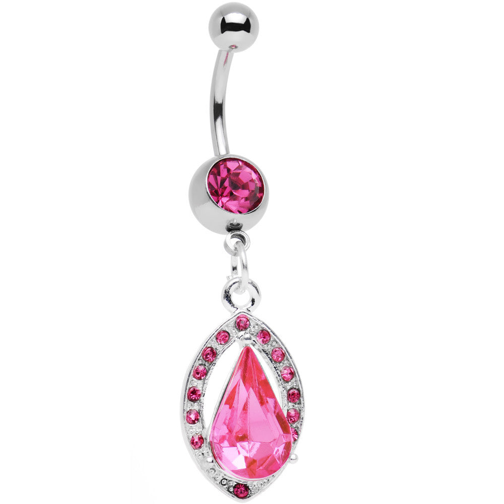 Pink Gem Stainless Steel Encaptured Teardrop Dangle Belly Ring