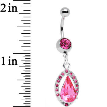 Pink Gem Stainless Steel Encaptured Teardrop Dangle Belly Ring