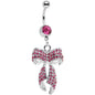 Pink Gem Stainless Steel Encrusted Bow Dangle Belly Ring