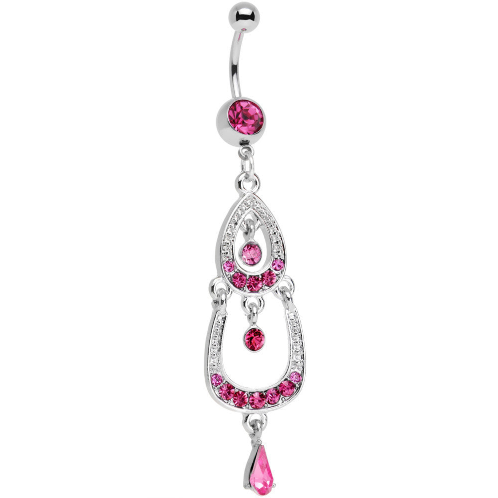 Pink Gem Shining Teardrop Horseshoe Dangle Belly Ring