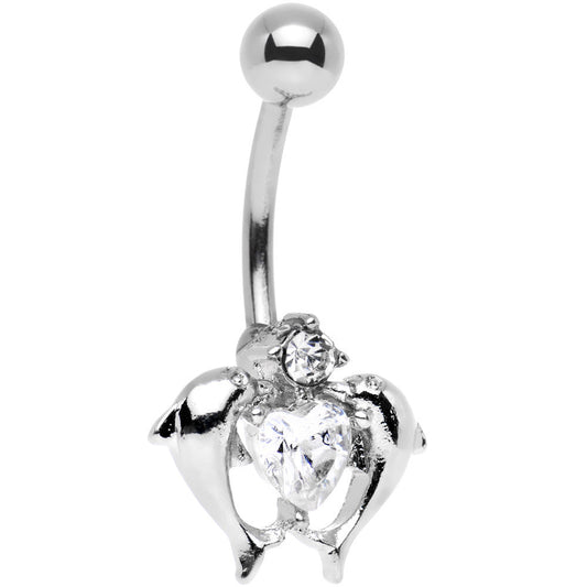 Clear Gem Double Dolphin Heart Bottom Mount Belly Ring
