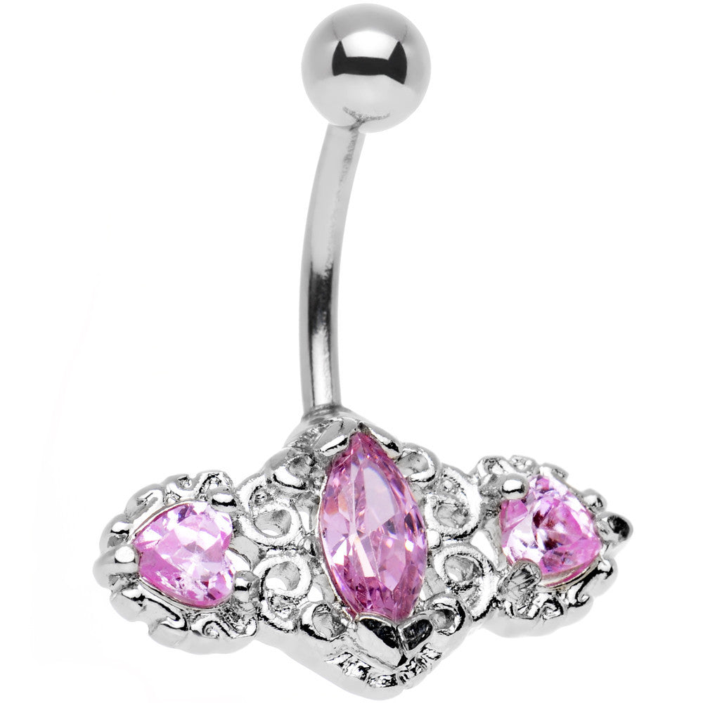 Pink Triple Gem Deco Frame Bottom Mount Belly Ring