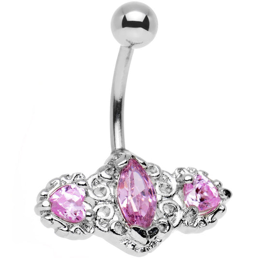 Pink Triple Gem Deco Frame Bottom Mount Belly Ring