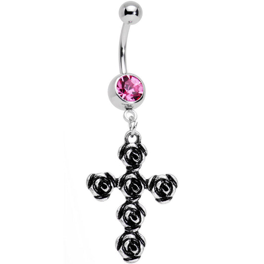 Pretty Pink Gem Black Rose Flower Detailed Gothic Cross Dangle Belly Ring