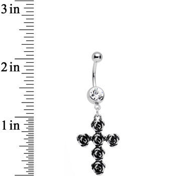 Pretty Pink Gem Black Rose Flower Detailed Gothic Cross Dangle Belly Ring