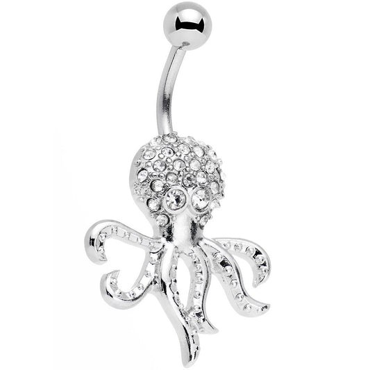 Clear Gem Paved Stainless Steel I'm All Tentacles Octopus Belly Ring