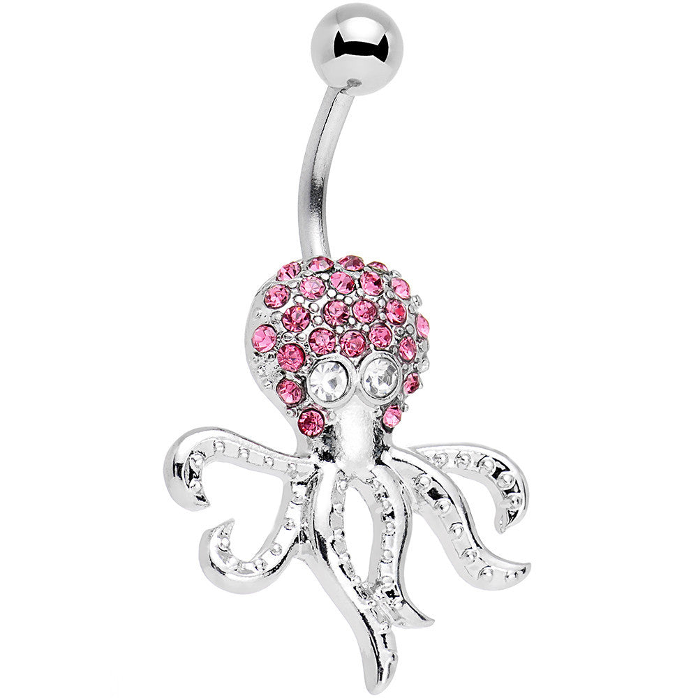 Clear and Pink Gem Paved Steel I'm All Tentacles Octopus Belly Ring