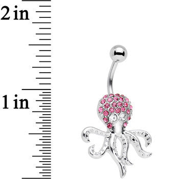 Clear and Pink Gem Paved Steel I'm All Tentacles Octopus Belly Ring