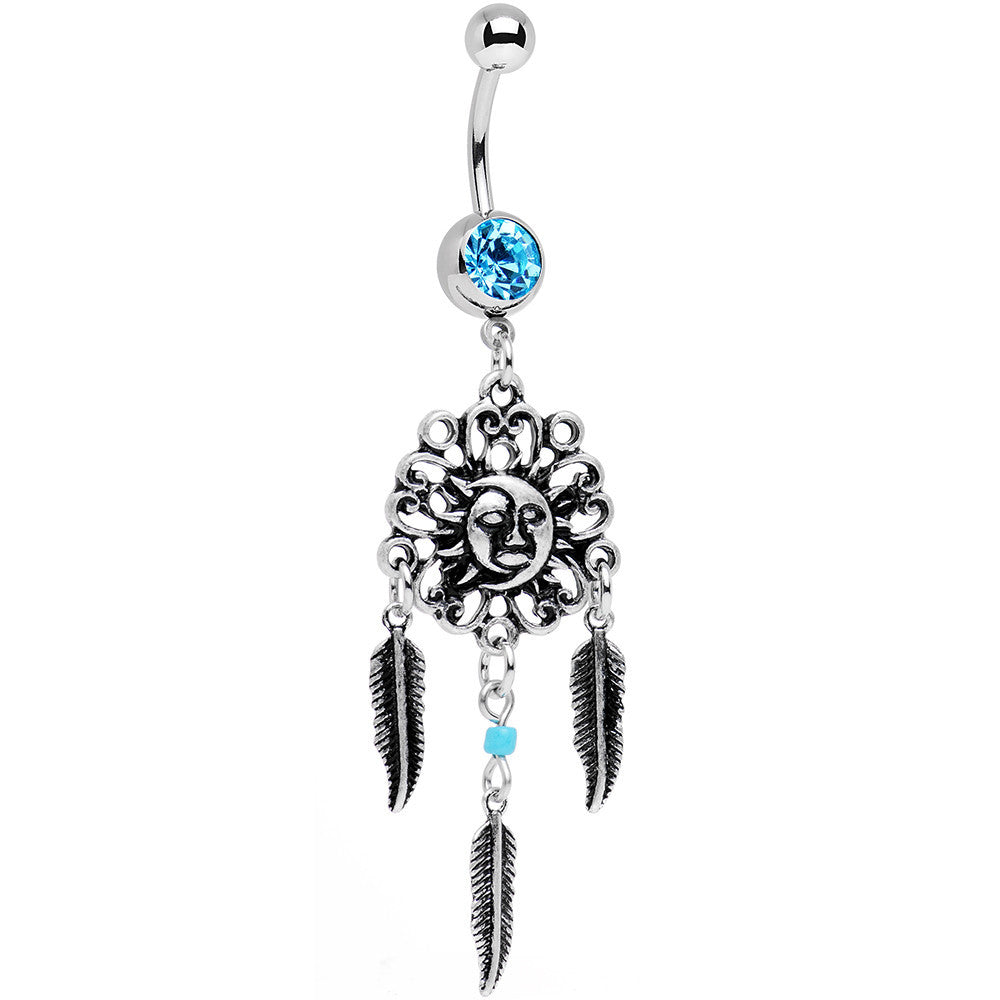 Aqua Gem Sun and Moon Feather Celestial Daydream Dangle Belly Ring