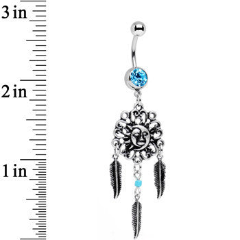 Aqua Gem Sun and Moon Feather Celestial Daydream Dangle Belly Ring