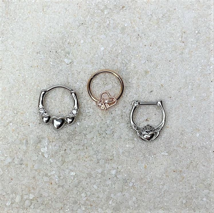 16 Gauge 3/8 Clear CZ Gem Rose Gold Tone Heart Septum Clicker