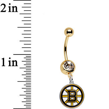 Licensed NHL Clear Gem Gold Anodized Boston Bruins Dangle Belly Ring