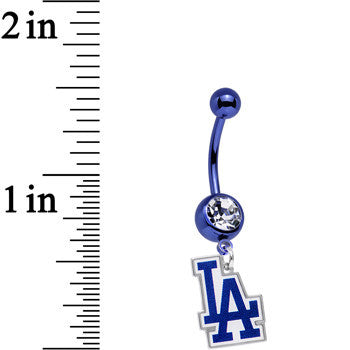 Licensed MLB Clear Gem Blue Anodized LA Dodgers Dangle Belly Ring