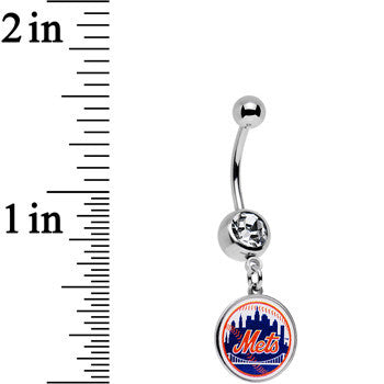 Licensed MLB Clear Gem Stainless Steel New York Mets Dangle Belly Ring