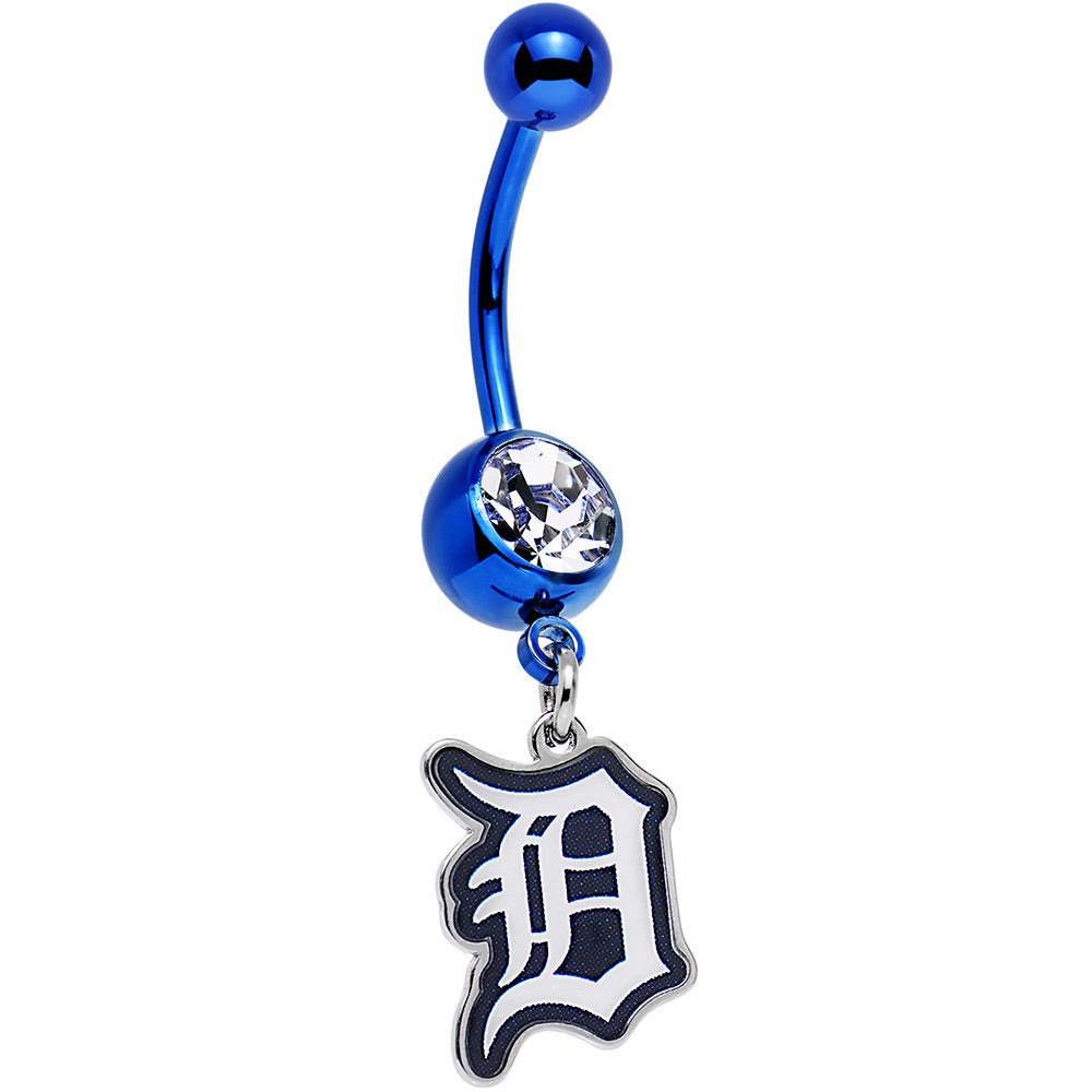 Licensed MLB Clear Gem Blue Anodized Detroit Tigers Dangle Belly Ring