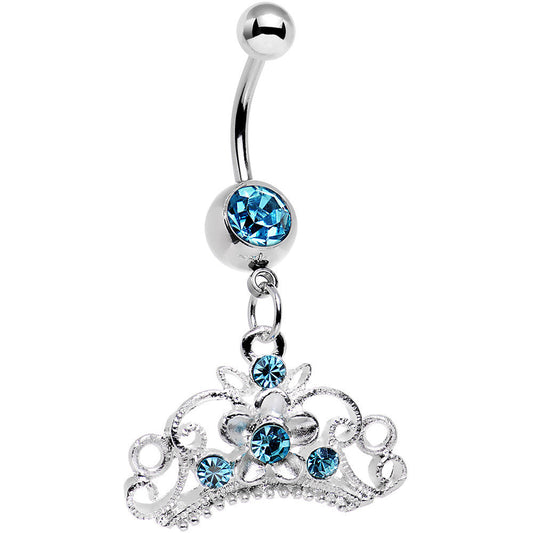 Aqua Gem Ornate Imperial Crown Dangle Belly Ring