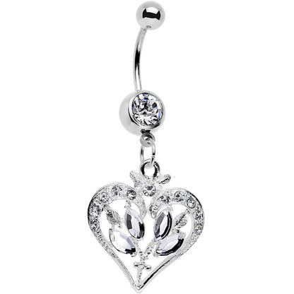 Clear Gem Framework Heart and Flower Dangle Belly Ring