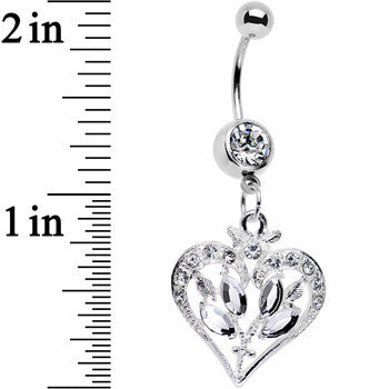 Clear Gem Framework Heart and Flower Dangle Belly Ring