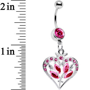 Pink Gem Framework Heart and Flower Dangle Belly Ring