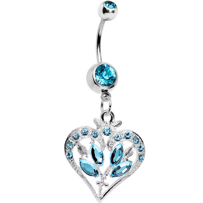 Aqua Gem Framework Heart and Flower Dangle Belly Ring