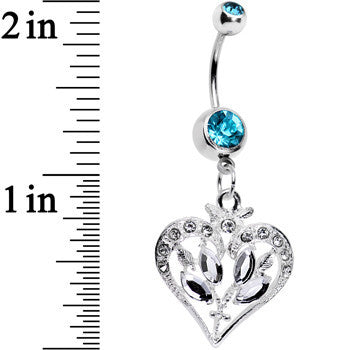 Aqua Gem Framework Heart and Flower Dangle Belly Ring