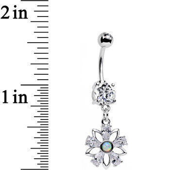 Clear CZ Gem Synthetic Opal Snowflower Dangle Belly Ring