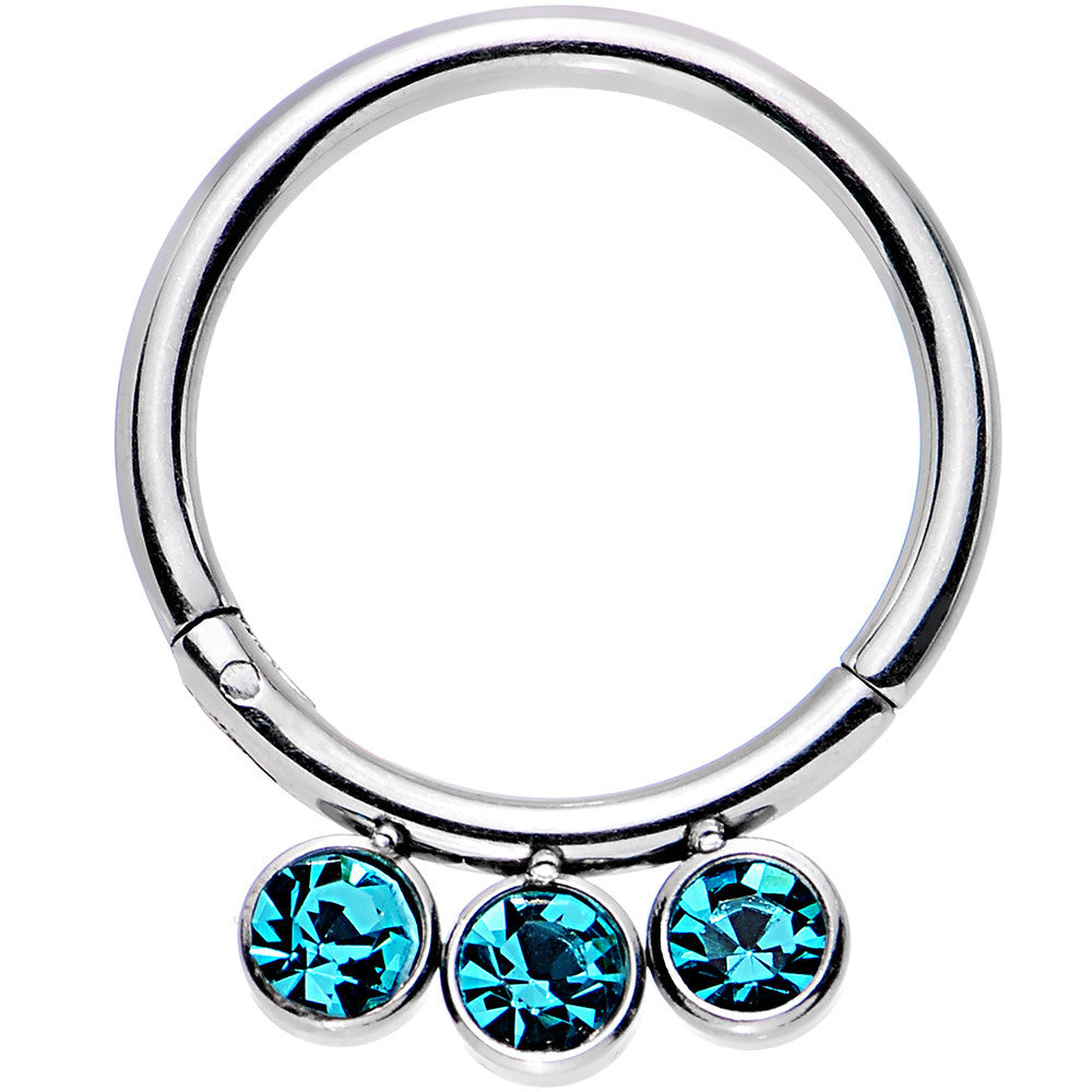 16 Gauge 3/8 Aqua Gem Stainless Steel Trio Hinged Segment Ring