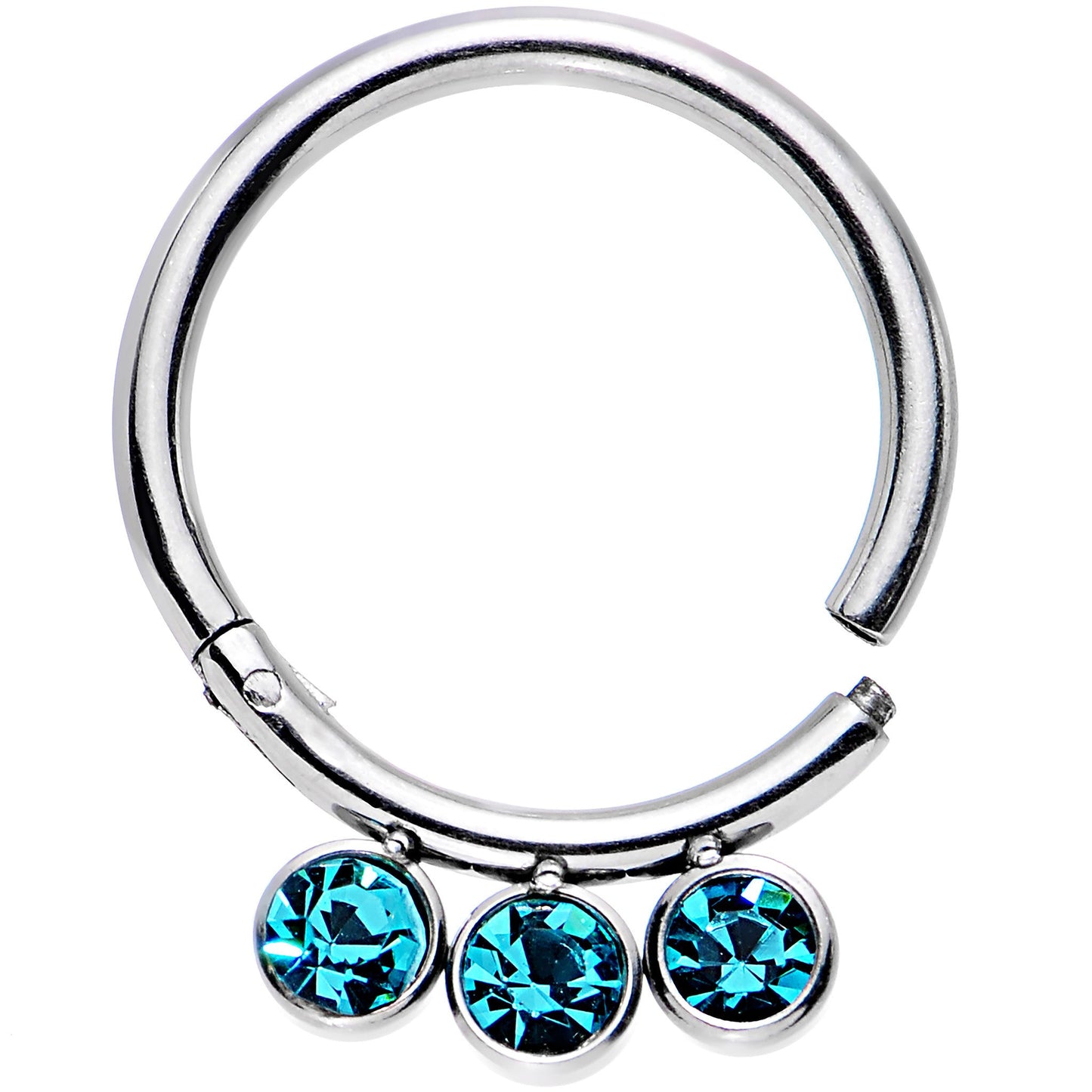 16 Gauge 3/8 Aqua Gem Stainless Steel Trio Hinged Segment Ring