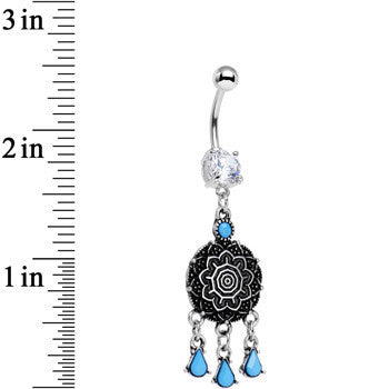 Clear Gem and Faux Turquoise Leafy Lotus Flower Disk Dangle Belly Ring