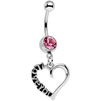 Pink Gem Lovely Language I Love You Hollow Heart Dangle Belly Ring