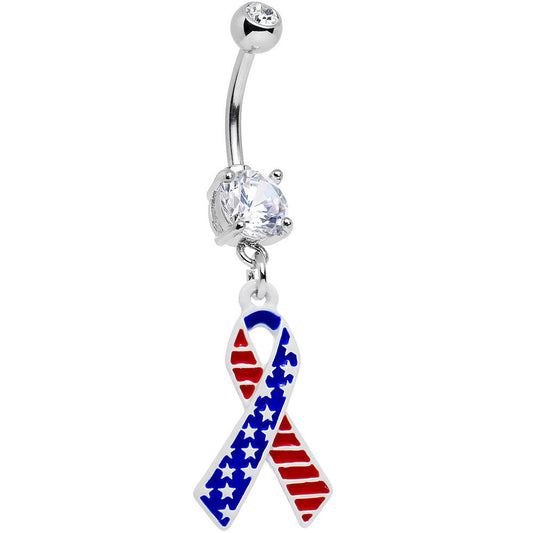 Clear Gem Red White and Blue Patriotic USA Ribbon Dangle Belly Ring