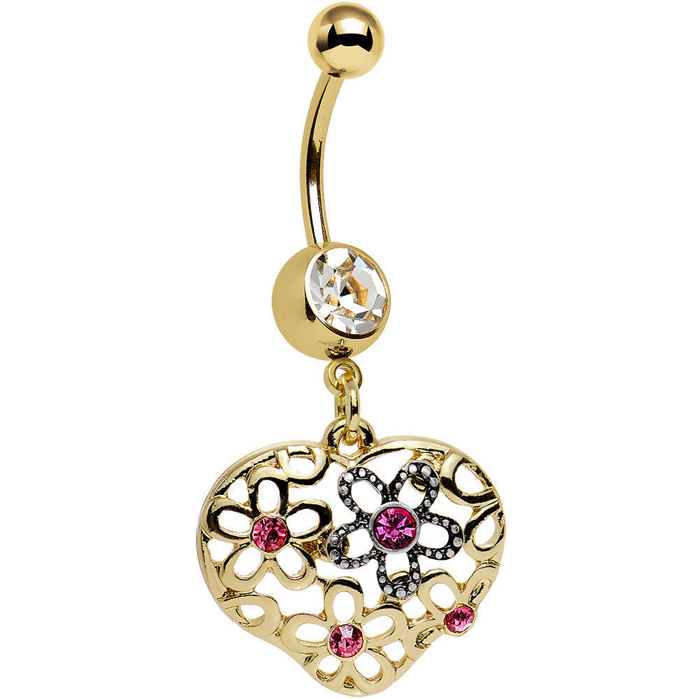 Clear Pink Gem Gold Anodized Flower Garden Heart Dangle Belly Ring