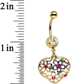 Clear Pink Gem Gold Anodized Flower Garden Heart Dangle Belly Ring