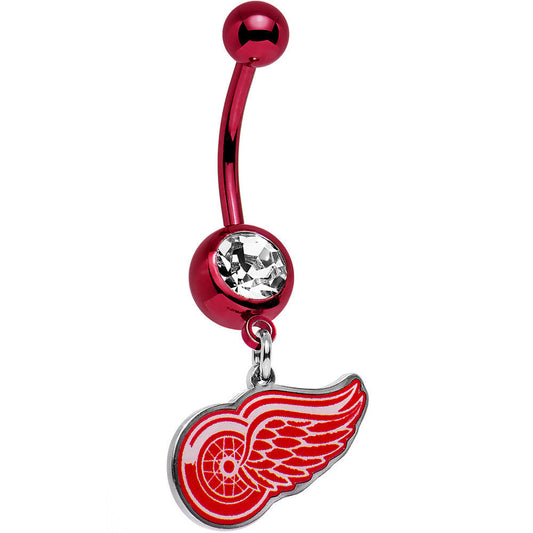 Licensed NHL Clear Gem Red Detroit Red Wings Dangle Belly Ring