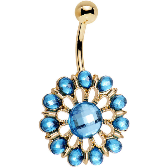 Aqua Gem Gold Anodized Ancient Aster Flower Belly Ring