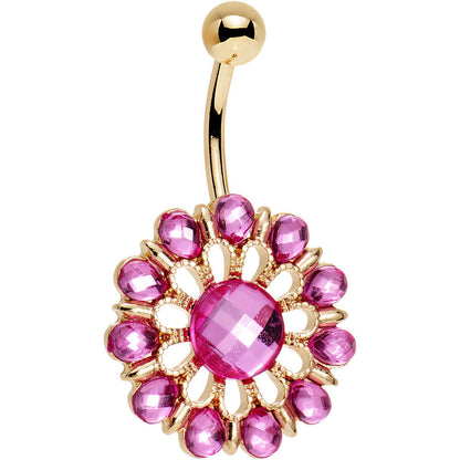 Pink Gem Gold Anodized Ancient Aster Flower Belly Ring