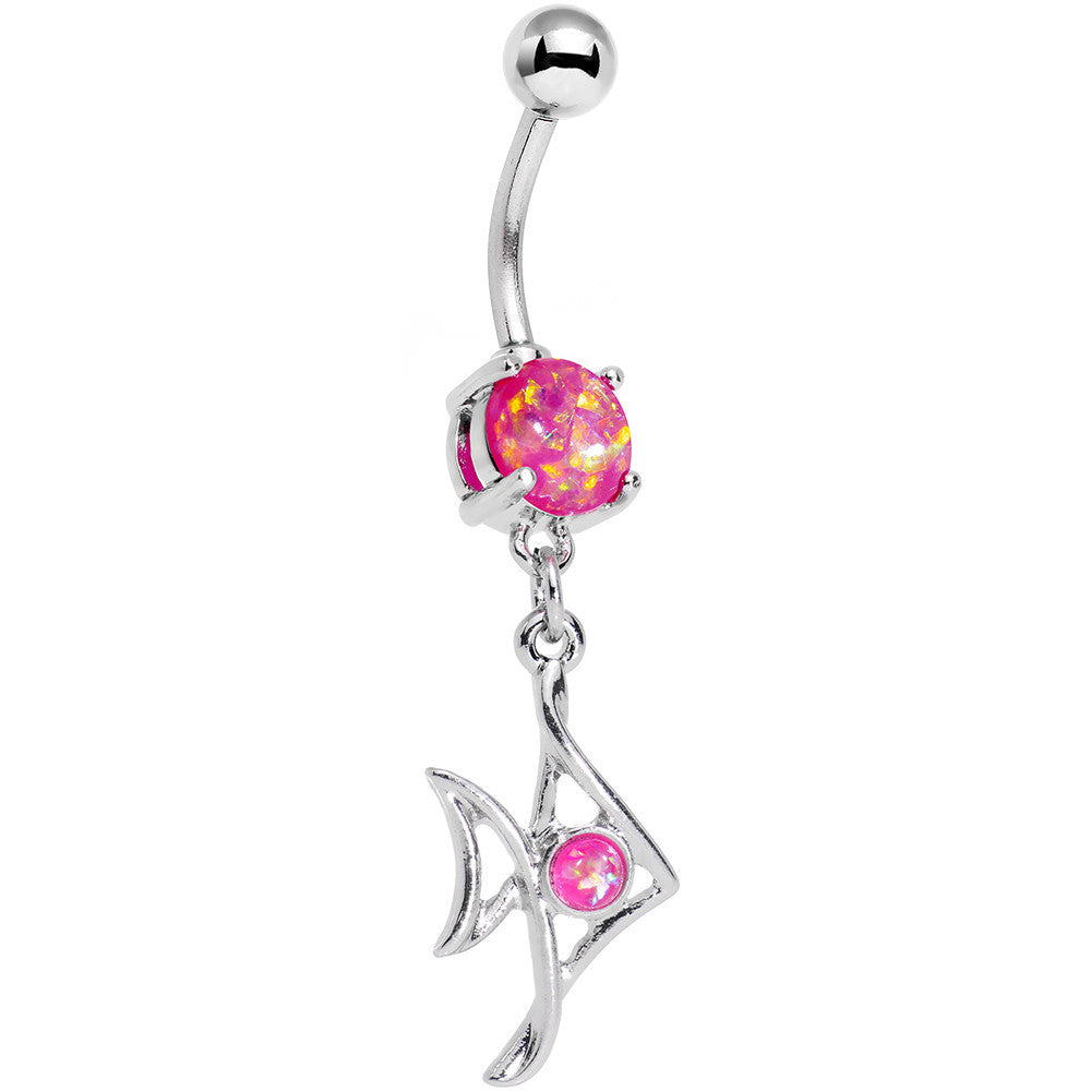 Pink Faux Opal Framework Fishy Fish Dangle Belly Ring