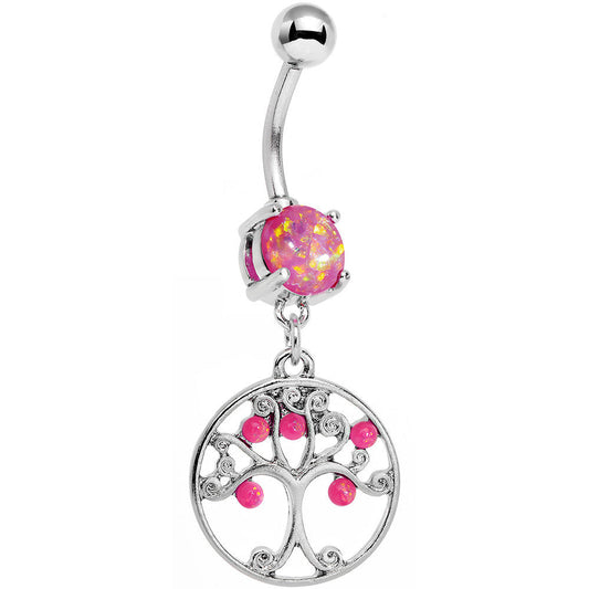 Pink Faux Opal Terra Firma Tree of Life Dangle Belly Ring