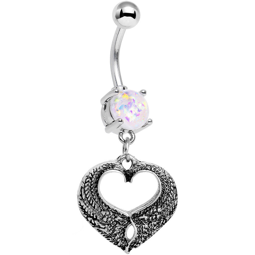 White Faux Opal Laurel Heart Dangle Belly Ring