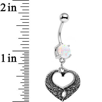 White Faux Opal Laurel Heart Dangle Belly Ring