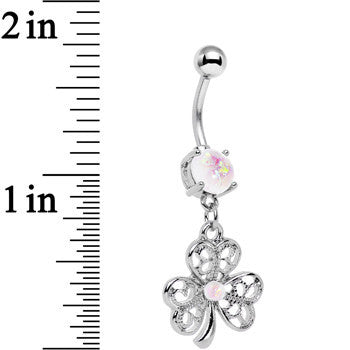 White Faux Opal Double Detail Shamrock Dangle Belly Ring