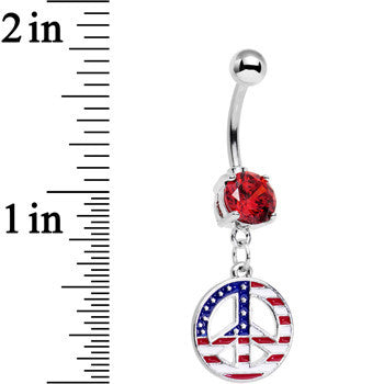 Red Gem American Flag Print Peace Sign Dangle Belly Ring