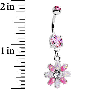 Pink and White Faux Opal Flower Power Dangle Belly Ring