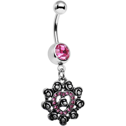 Pink Gem Rose Ring Flower Heart Dangle Belly Ring