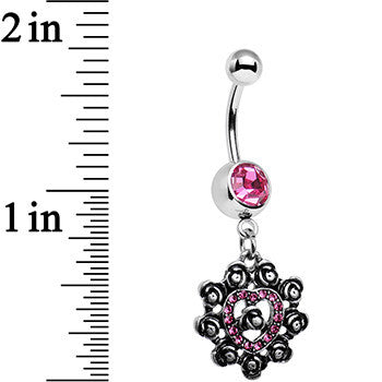 Pink Gem Rose Ring Flower Heart Dangle Belly Ring